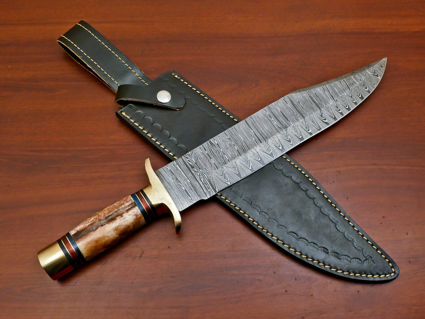 16 Inch Custom Hand Forged Damascus Steel Bowie Hunting Knife with Camel Bone Handle