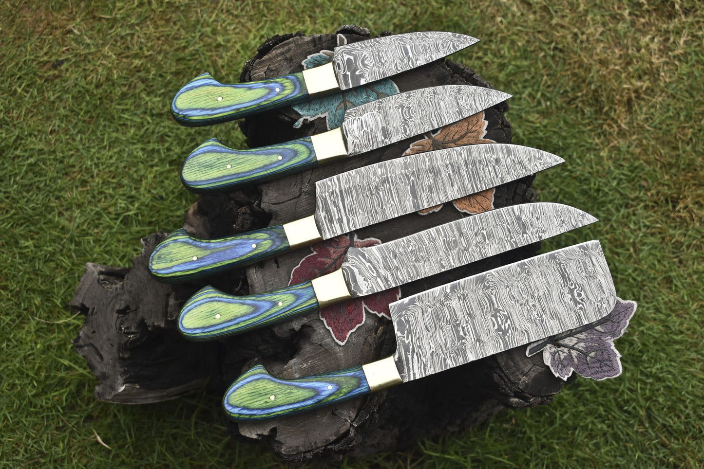 Hand Forged Chef Knife Set Twist Damascus Steel with Hard Wood Handles – Lot of 5 EDC Knives