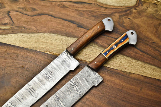 Lot of 2 Handmade Damascus Steel Chef Knives | Full Tang Kitchen Knive Set