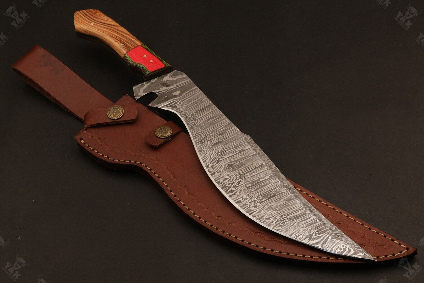 16 Inch Hand Forged Damascus Steel Bowie Hunting Knife with Wood Handle by Heritage Forge