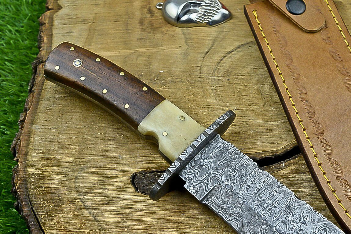 Heritage Forge 13 Inch Damascus Steel Bowie Knife with Wood Handle | Hand Forged Hunting Camping Knife