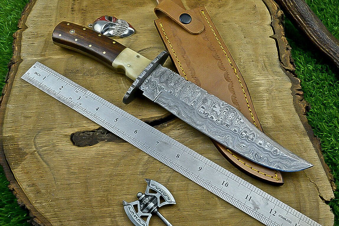 Heritage Forge 13 Inch Damascus Steel Bowie Knife with Wood Handle | Hand Forged Hunting Camping Knife