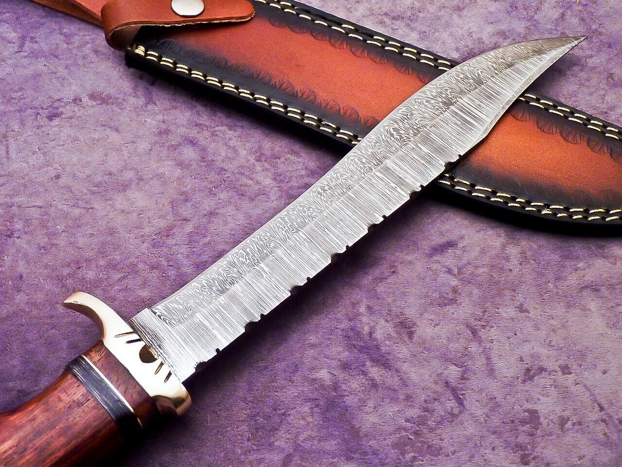 15 Inch Handmade Damascus Steel Bowie Knife with Natural Wood Handle by Heritage Forge