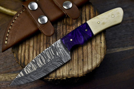 Forged Twist Damascus Skinner Knife with Bone Handle – Handmade Gift for Hunters