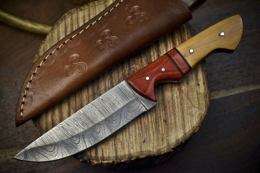 Forged Twist Damascus Skinner Knife with Hardwood Handle and Wooden Bolster – 8.5" Hunting and Fishing Blade