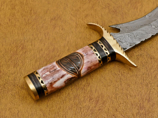 Handmade Damascus Bowie Knife – Camel Bone & Pakka Wood Handle, 13" with Brass Guard