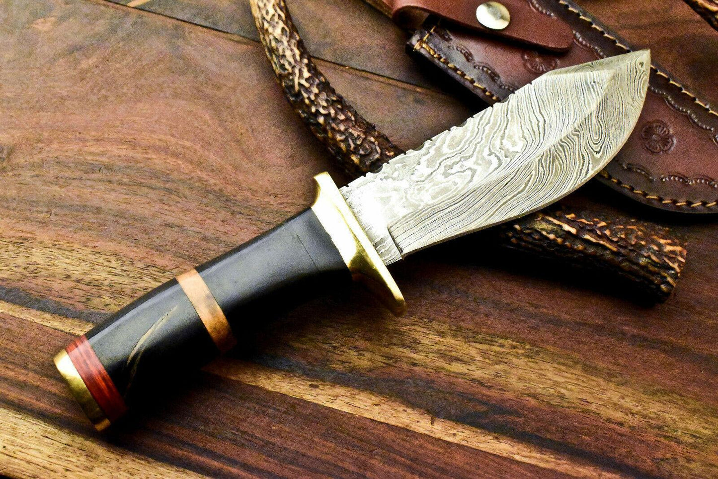 10" Handmade Damascus Bowie Knife | Bull Horn Handle with Leather Sheath