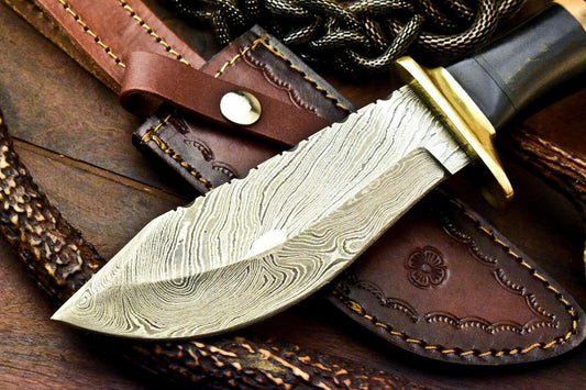 10" Handmade Damascus Bowie Knife | Bull Horn Handle with Leather Sheath