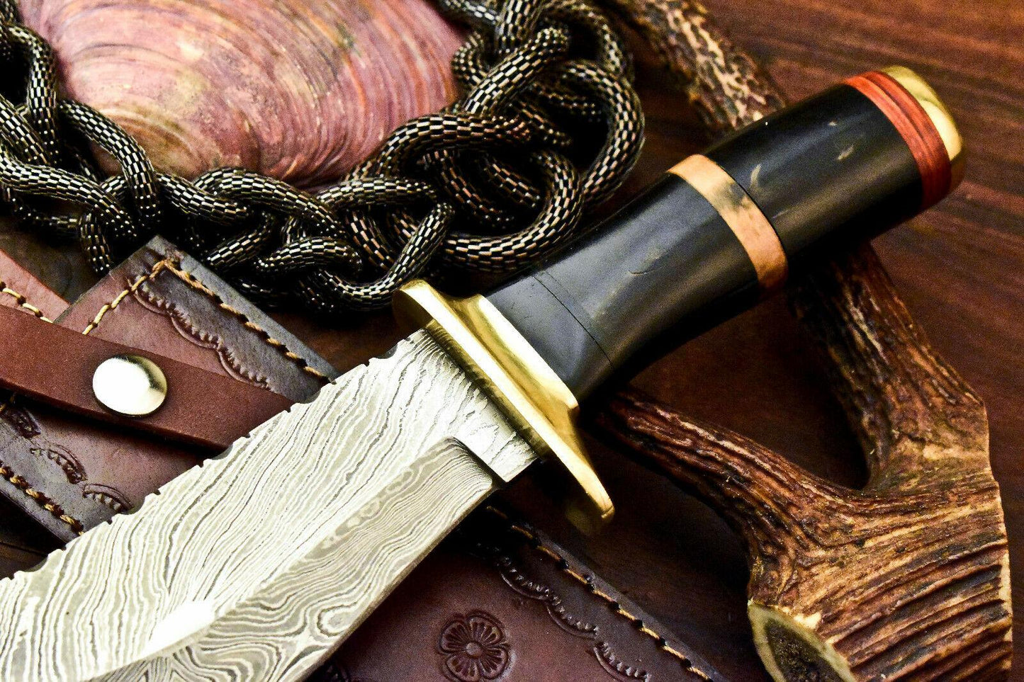 10" Handmade Damascus Bowie Knife | Bull Horn Handle with Leather Sheath