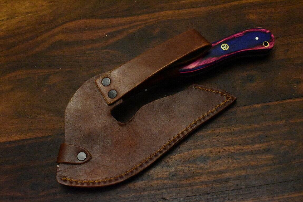 Hand Made Damascus Steel Hard Wood Hunting Clever Chopper Axe Knife with Leather Sheath