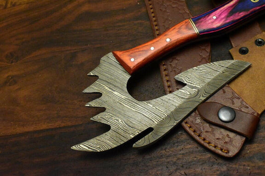 Hand Made Damascus Steel Hard Wood Hunting Clever Chopper Axe Knife with Leather Sheath