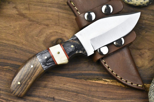 Handmade Skinner Knife 440C Steel Bone & Wood Handle with Wooden Bolster