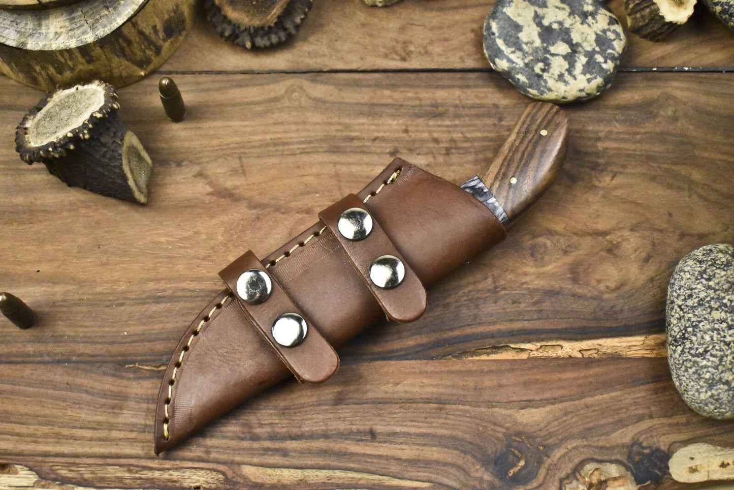 Handmade Skinner Knife 440C Steel Bone & Wood Handle with Wooden Bolster