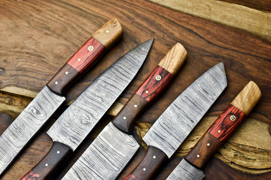 5-Piece Handmade Damascus Steel Chef Knife Set – Professional Kitchen Cutlery