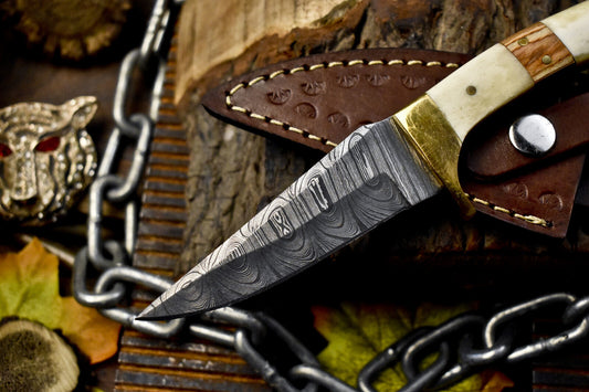 Custom Hand Forged Skinner Knife Twist Damascus Bone and Wood