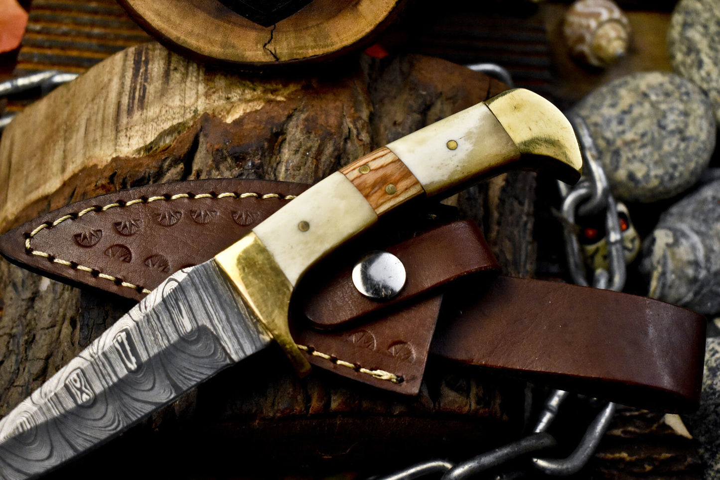 Custom Hand Forged Skinner Knife Twist Damascus Bone and Wood