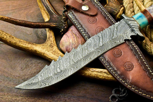 Handmade Damascus Steel Bowie Knife | Camel Bone Handle 15"