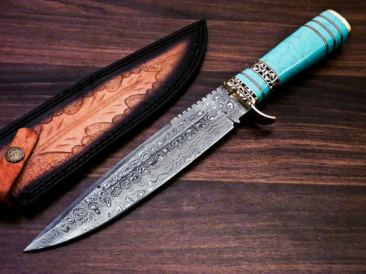 Damascus Steel Hunting Bowie Knife | Turquoise Gemstone & Brass Handle