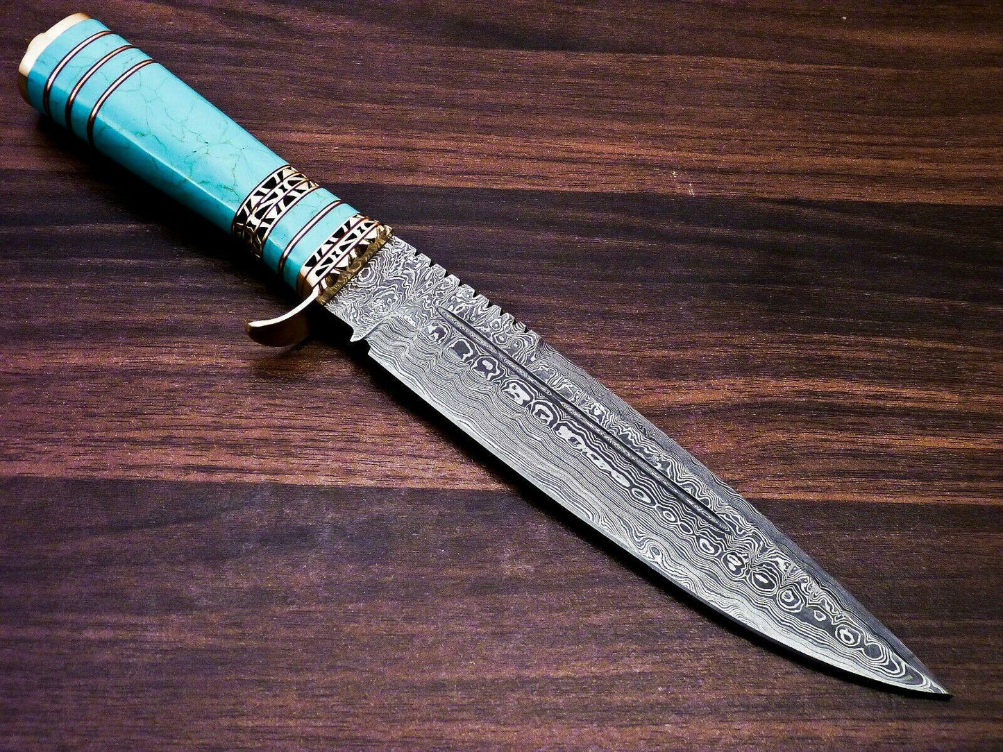 Damascus Steel Hunting Bowie Knife | Turquoise Gemstone & Brass Handle