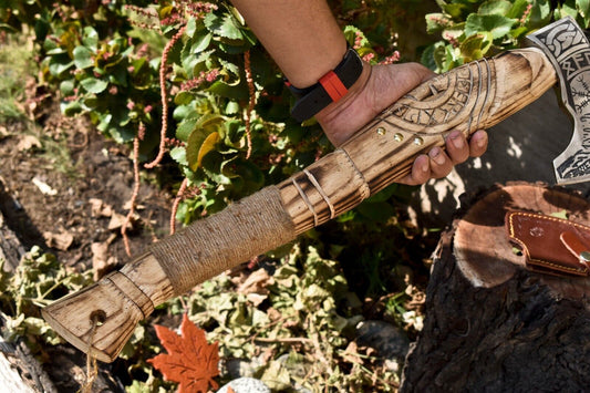 Handmade High Carbon Steel Viking Axe | Etched Blade with Walnut Wood Handle