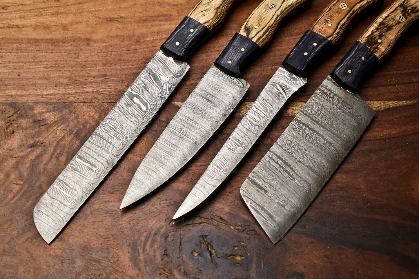 Custom Lot of 4 Handmade Hammered Damascus Steel Blade Chef Knife Set – 100% Handmade, Full Tang