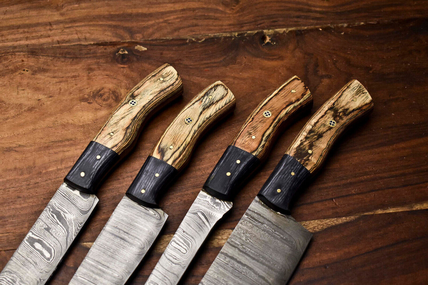 Custom Lot of 4 Handmade Hammered Damascus Steel Blade Chef Knife Set – 100% Handmade, Full Tang