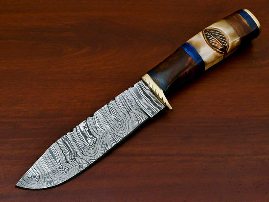 10" Hand Forged Damascus Bowie Hunting Knife – Engraved Camel Bone & Rose Wood
