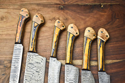 Custom Lot of 6 Handmade Hammered Damascus Steel Blade Chef Knife Set with Sheath