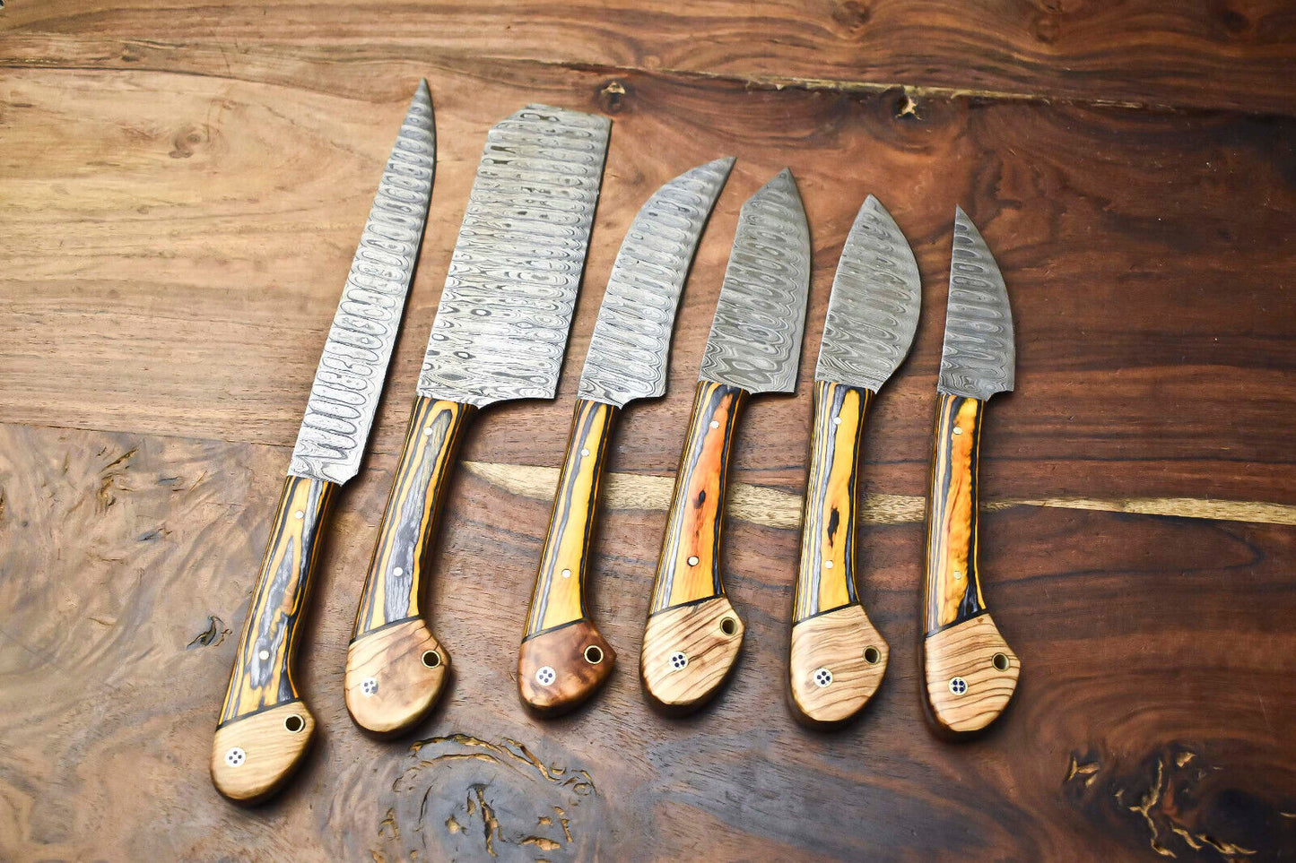 Custom Lot of 6 Handmade Hammered Damascus Steel Blade Chef Knife Set with Sheath