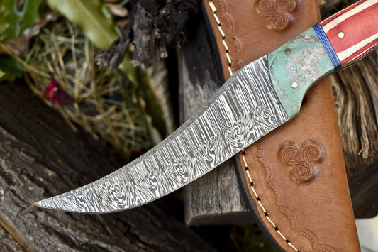 9.5" Twist Damascus Skinner Knife Hardwood Handle Micarta Bolster with Sheath