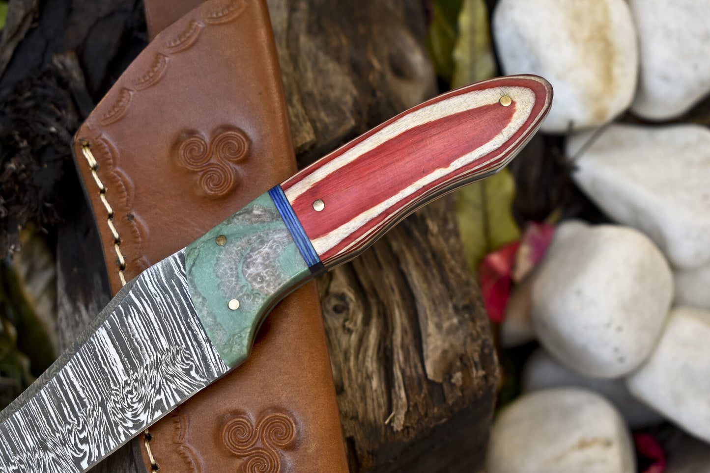9.5" Twist Damascus Skinner Knife Hardwood Handle Micarta Bolster with Sheath