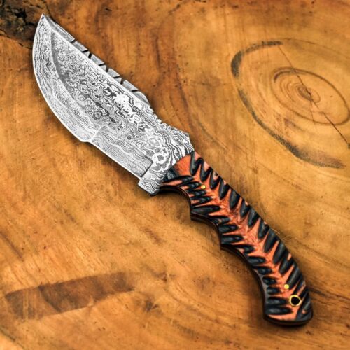 Handmade Damascus Steel Hunting & Camping Tracker Knife | Paka Wood & Camel Bone Handle
