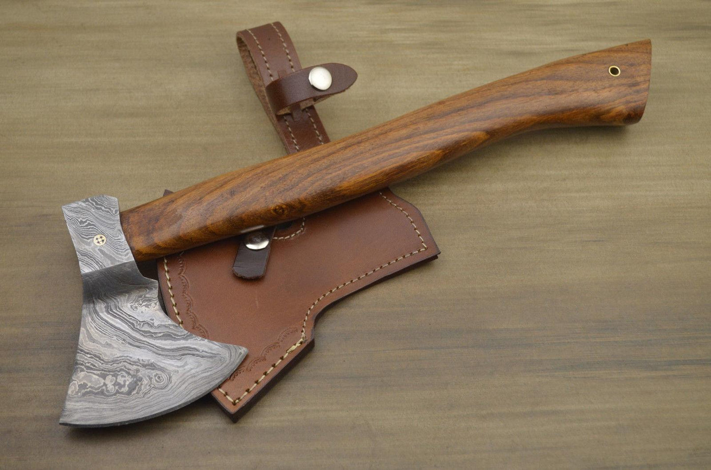 Custom Handmade Damascus Axe with Rose Wood Handle | Premium Damascus Steel Axe with Leather Sheath