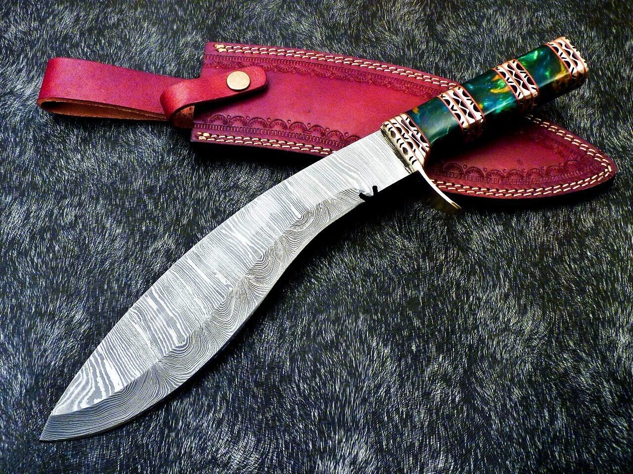 15" Damascus Steel Kukri Bowie Knife – Resin Handle & Leather Sheath