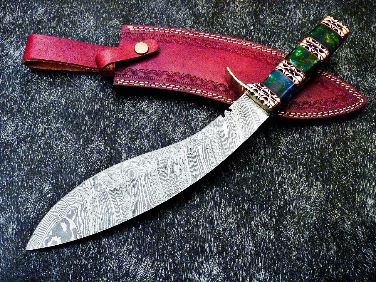 15" Damascus Steel Kukri Bowie Knife – Resin Handle & Leather Sheath
