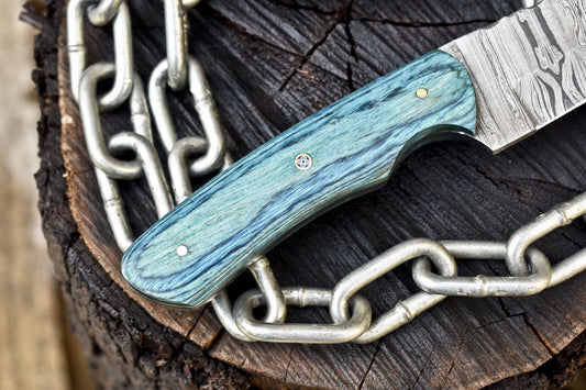 Custom Skinner Knife Twist Damascus Hard Wood Outdoor Rare w/ Leather Sheath