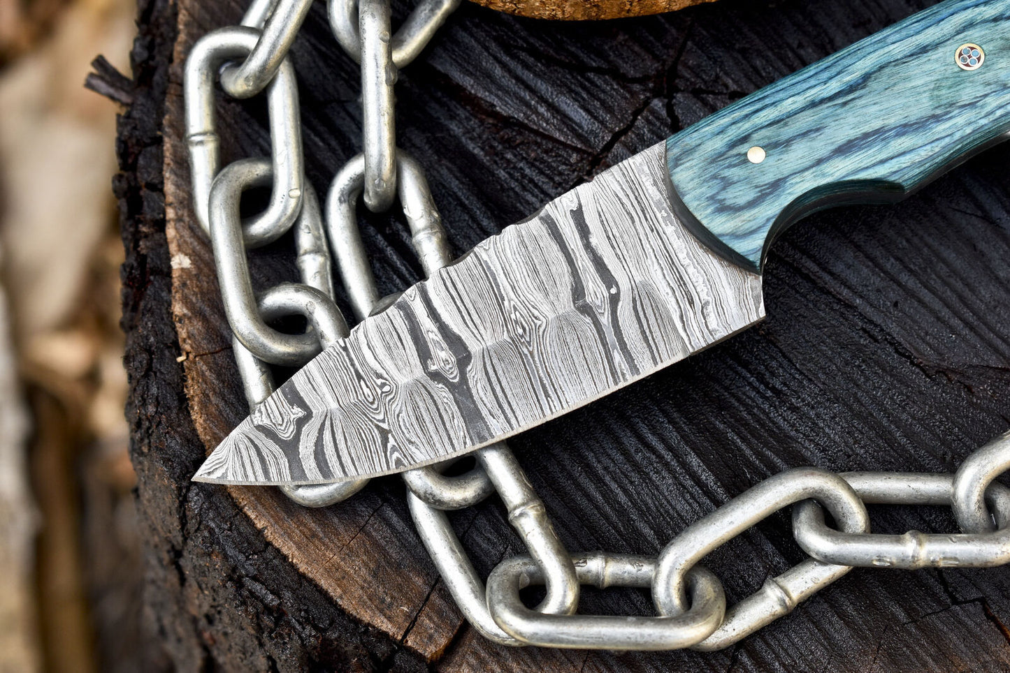 Custom Skinner Knife Twist Damascus Hard Wood Outdoor Rare w/ Leather Sheath