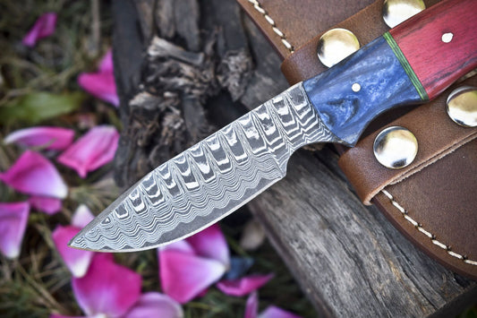 Ladder Damascus Skinner Knife with Hardwood Handle – Custom Handmade Hunting Blade