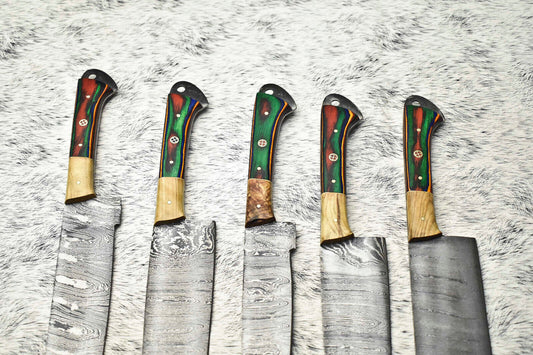 Stunning Custom Lot of 5 Handmade Hammered Damascus Steel Chef Knives