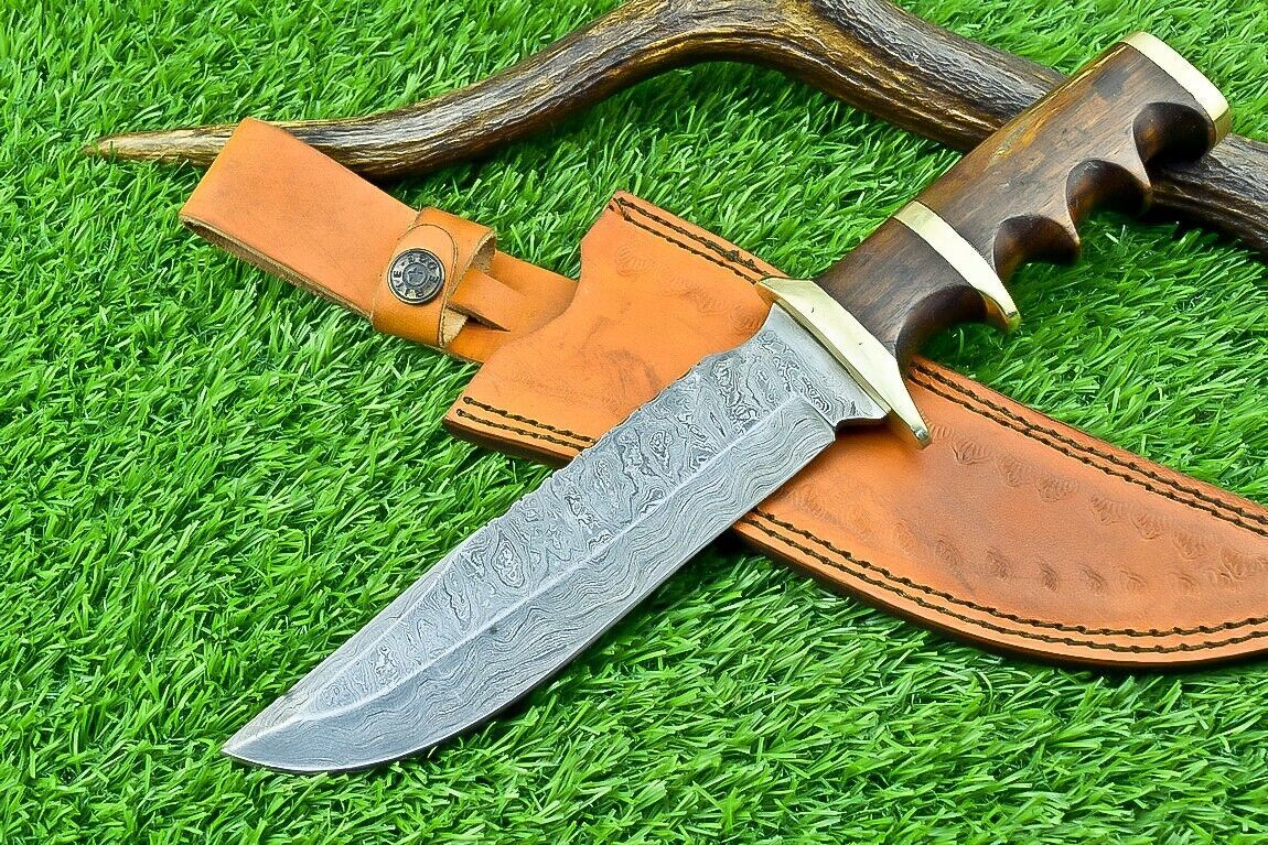 Heritage Forge 11 Inch Damascus Steel Bowie Knife with Natural Wood Handle for Hunting and Camping