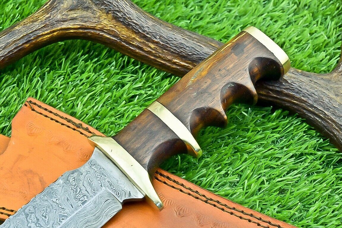 Heritage Forge 11 Inch Damascus Steel Bowie Knife with Natural Wood Handle for Hunting and Camping
