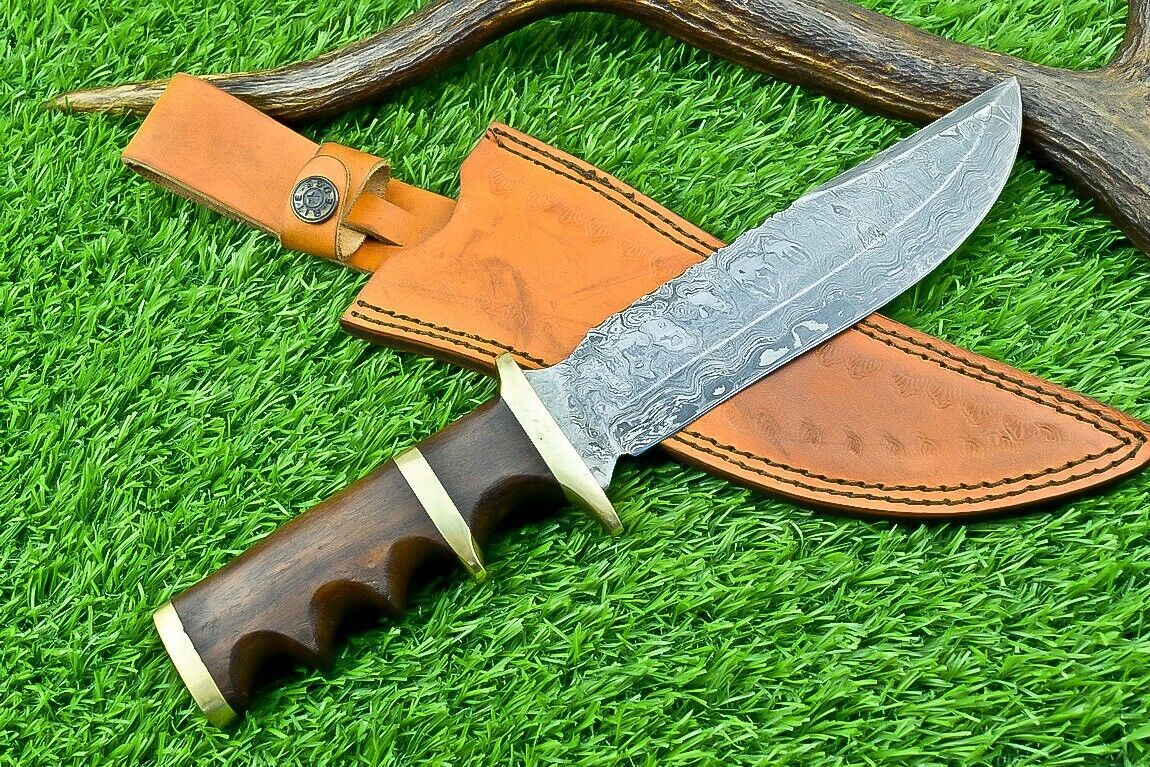 Heritage Forge 11 Inch Damascus Steel Bowie Knife with Natural Wood Handle for Hunting and Camping
