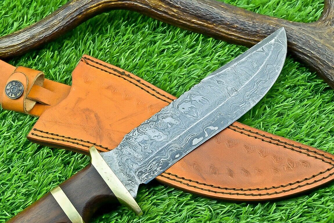 Heritage Forge 11 Inch Damascus Steel Bowie Knife with Natural Wood Handle for Hunting and Camping
