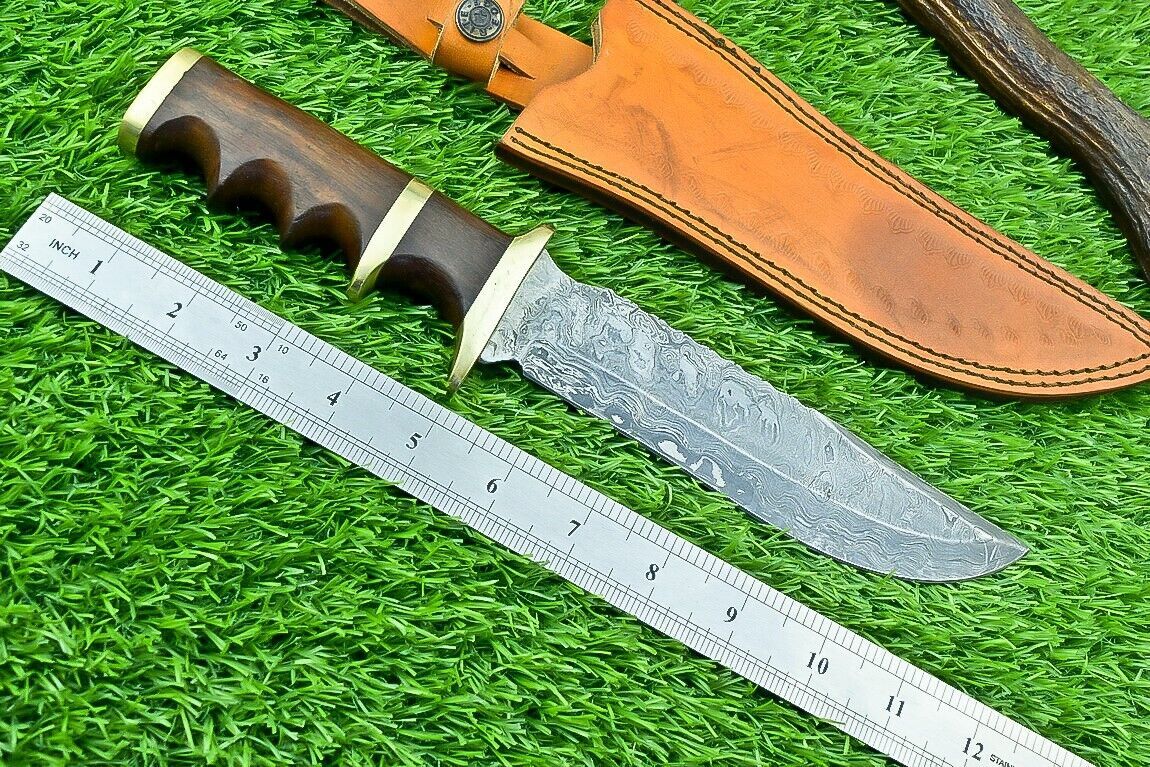 Heritage Forge 11 Inch Damascus Steel Bowie Knife with Natural Wood Handle for Hunting and Camping