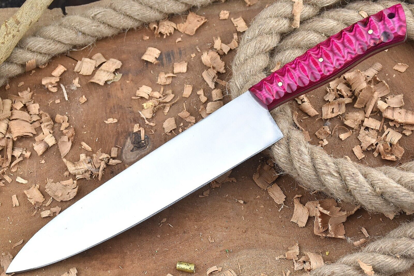 Custom Handmade Carbon Steel Chef Knife – 13.5" Full Tang Kitchen Knife with Engraved Pink Dollar Handle