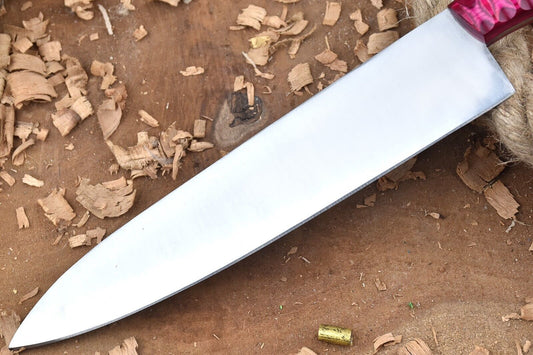 Custom Handmade Carbon Steel Chef Knife – 13.5" Full Tang Kitchen Knife with Engraved Pink Dollar Handle