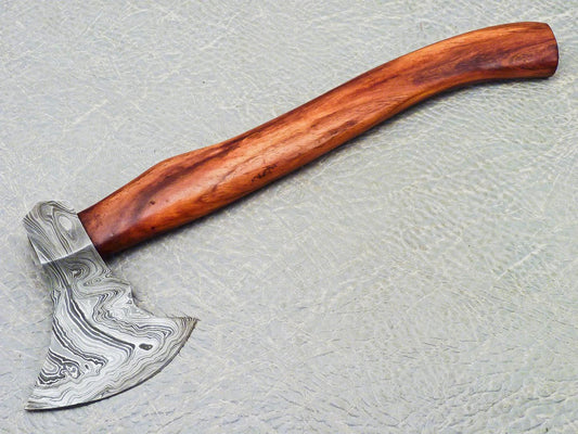 15 Inch Handmade Damascus Steel Axe with Natural Wood Handle and Leather Sheath