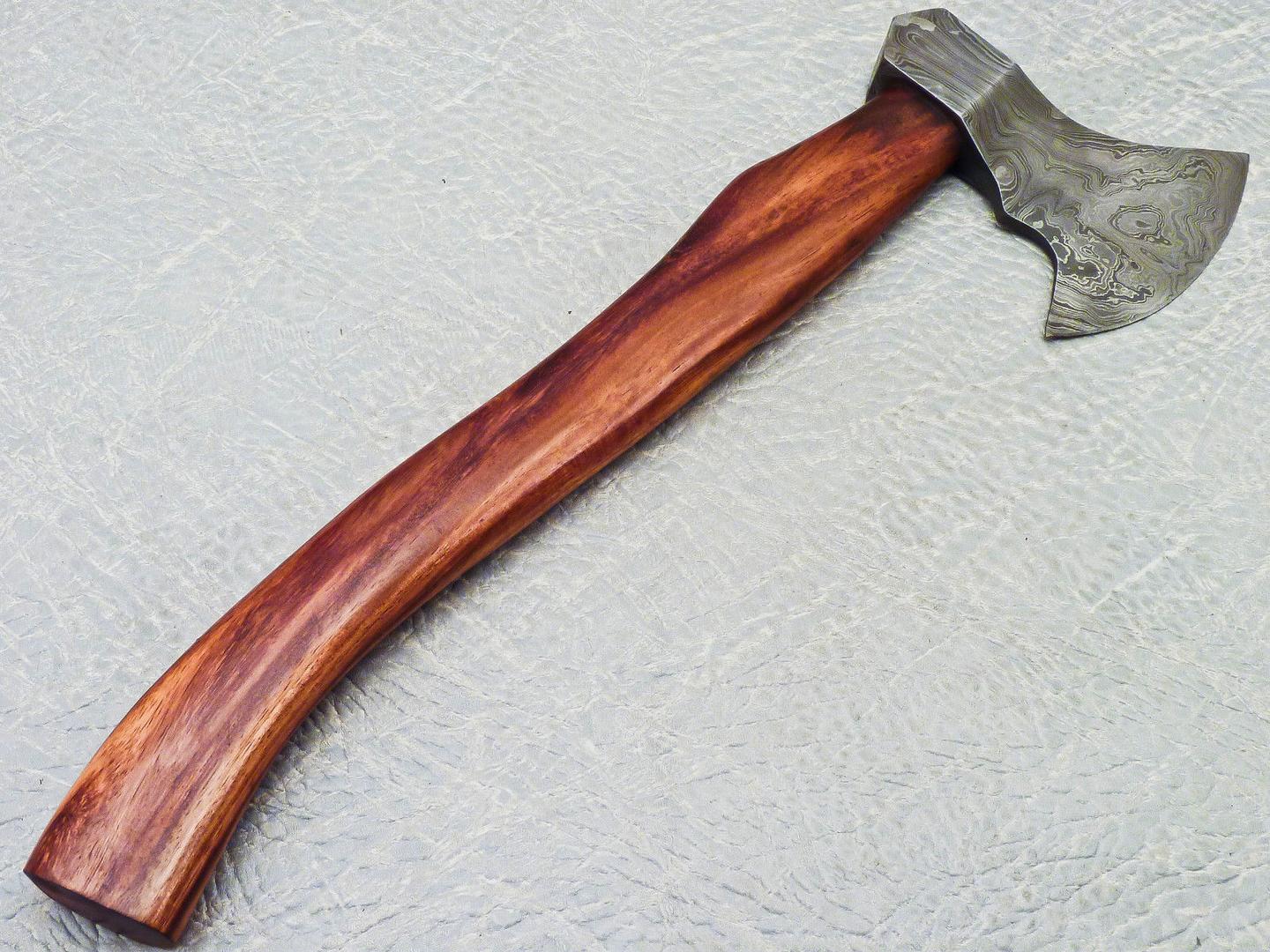 15 Inch Handmade Damascus Steel Axe with Natural Wood Handle and Leather Sheath