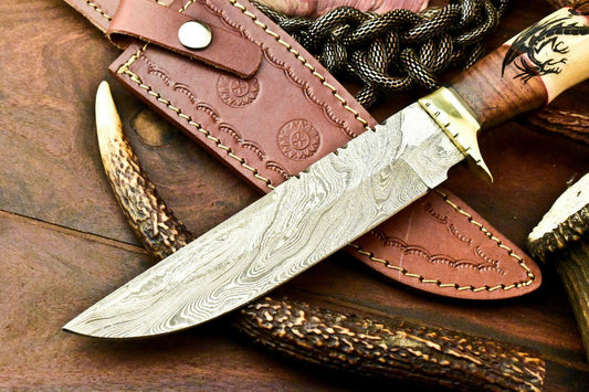 12" Damascus Bowie Knife | Hand-Forged Laser Etched Blade & Camel Bone Handle