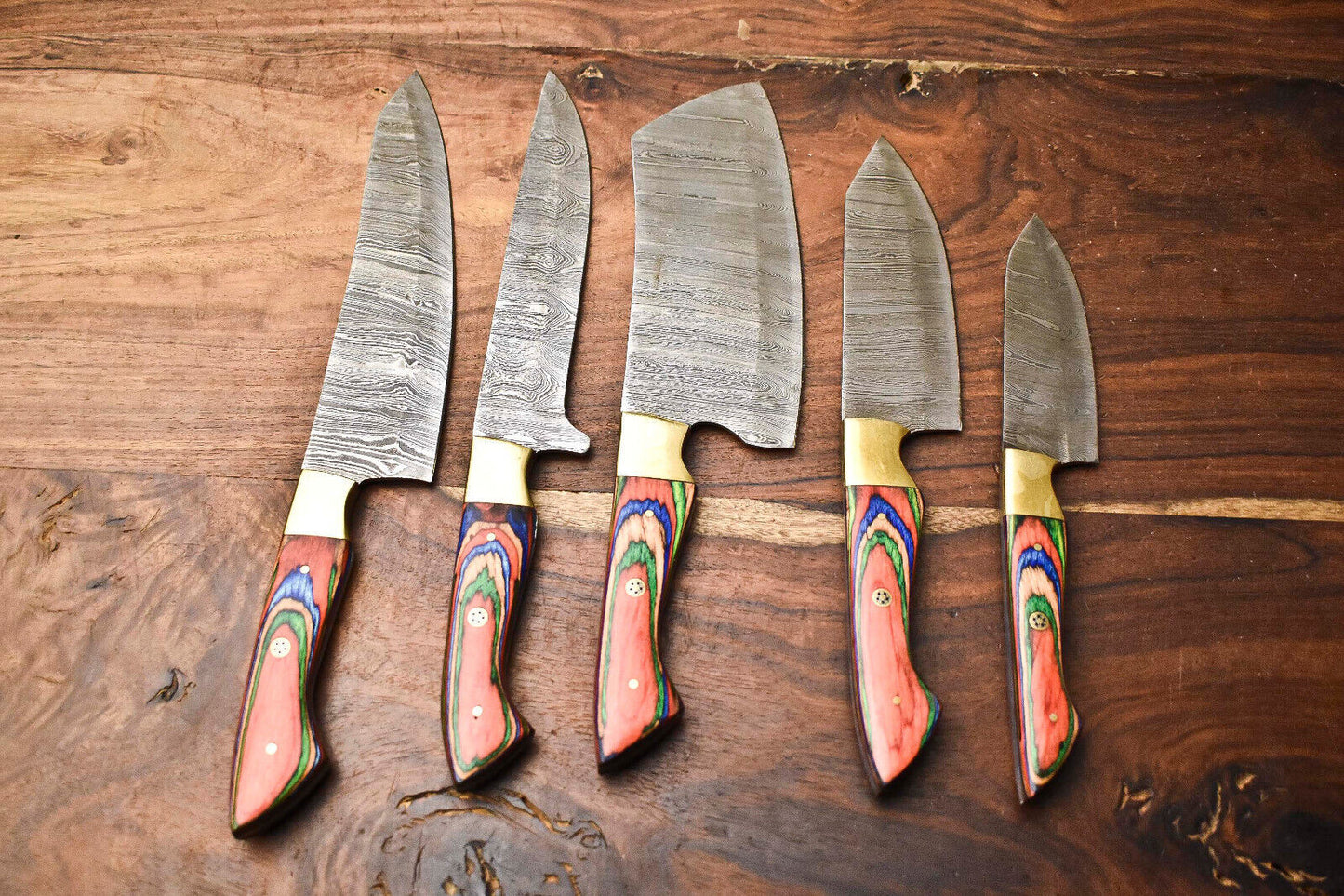 Custom Lot of 5 Handmade Hammered Damascus Steel Blade Chef Set – 384-Layer Full Tang Kitchen Knives
